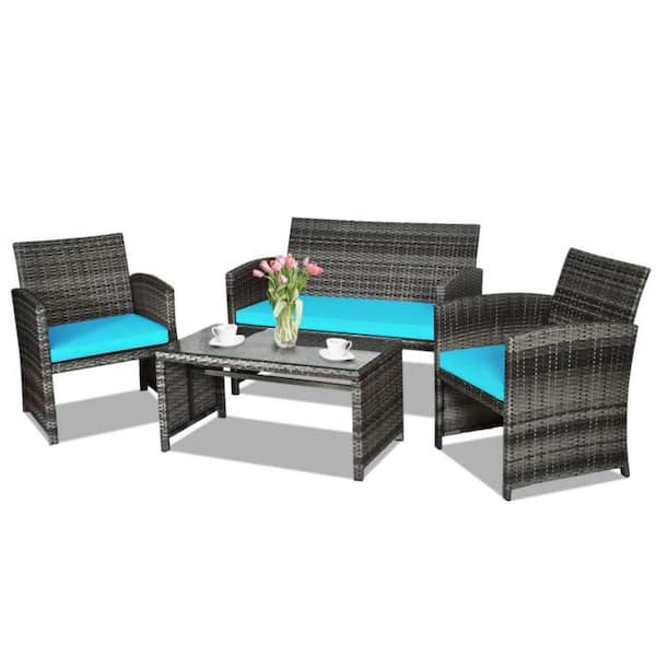 Alpulon 4-Piece Wicker Outdoor Conversation Furniture Set with Turquoise Cushions and Tempered Glass Table