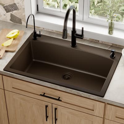 Drop-In Quartz Composite 33 in. 1-Hole Single Bowl Kitchen Sink in Brown