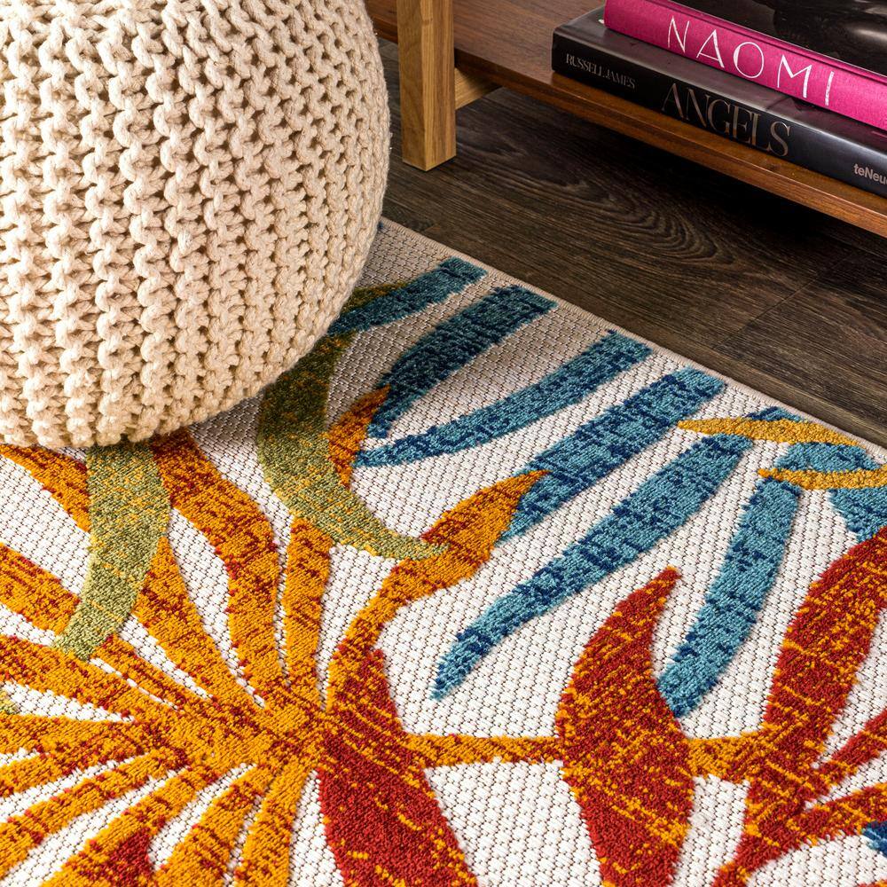 Cream and Orange Synthetic Flat Woven Square Area Rug