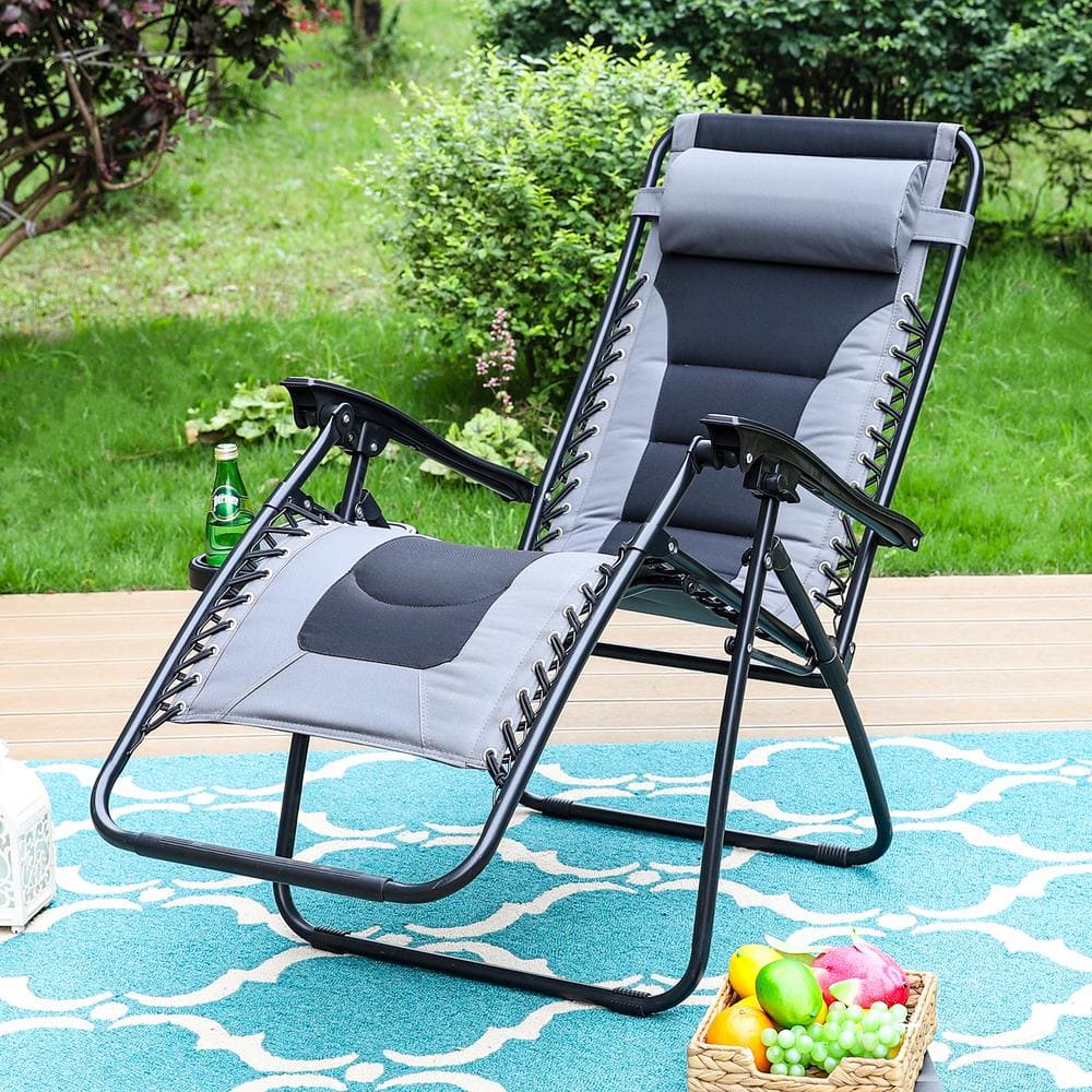 Gray Padded Zero Gravity Lounger with Adjustable Headrest and Cup Holder