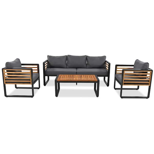 Unbranded Gray Large Size 4-piece Metal Outdoor Sectional Set for 5 Person with Removable Cushions And Acacia Wood Tabletop