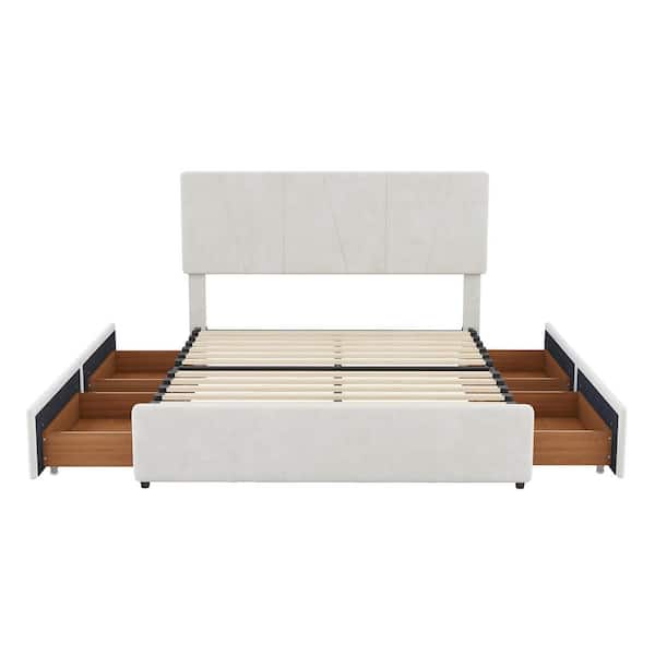 ATHMILE 78.3 in. W Beige Full Wood Frame Upholstery Platform Bed with 4-Drawers