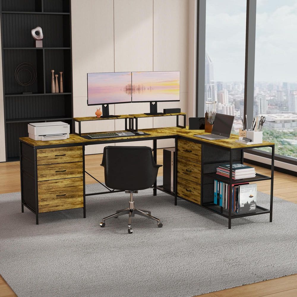 113.7 in. W Rectangular Rustic Brown 6-Drawer Computer Desk with Removable Monitor Stand price history on PriceWatchPro