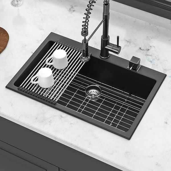 Staykiwi 33 in. Drop-In Single Bowl Black Quartz Kitchen Sink with Bottom Grids