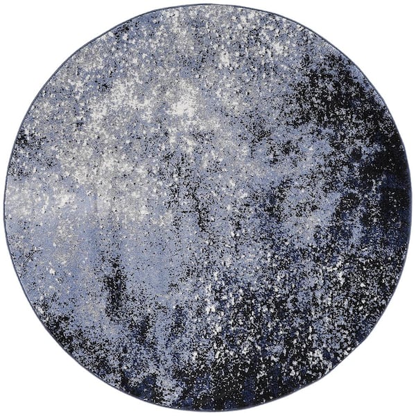 Nourison Passion Light Blue Black 4 ft. x 4 ft. Abstract Contemporary Round Area Rug