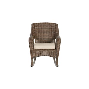 Cambridge Brown Wicker Outdoor Patio Rocking Chair with CushionGuard Putty Tan Cushions