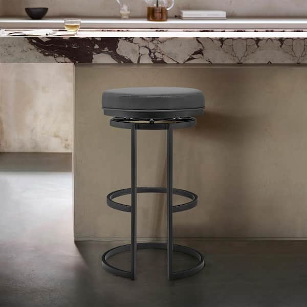 Armen Living Vander 26 in. H Gray Faux Leather and Black Metal Backless Swivel Bar Stool