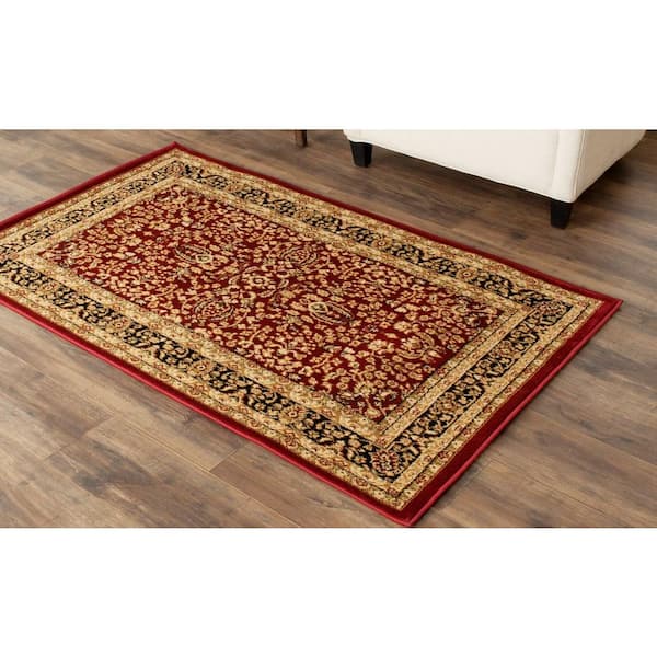 Lyndhurst Red/Black Doormat 3 ft. x 5 ft. Border Antique Floral Area Rug