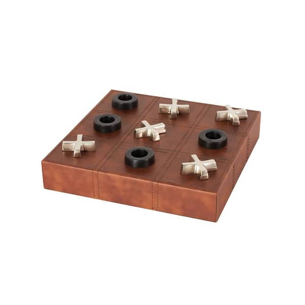 Brown Faux Leather Tic Tac Toe Game Set with Black and Silver Pieces