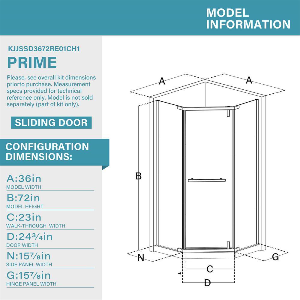36" Chrome Neo-Angle Frameless Pivot Shower Door with Clear Glass