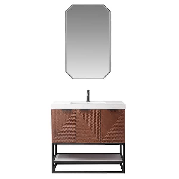 ROSWELL Mahon 36 in. W x 22 in. D x 33.9 in. H Single Sink Bath Vanity in Walnut with White Grain Composite Stone Top and Mirror
