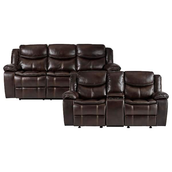 Lazzara Austin 87.5 in. W Pillow Top Arm Faux Leather Rectangle Manual Reclining Sofa Set in Brown, 2-Piece