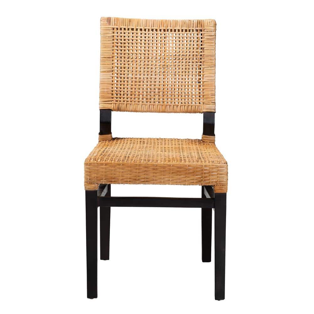 Natural Brown Rattan and Mahogany Wood Dining Chair