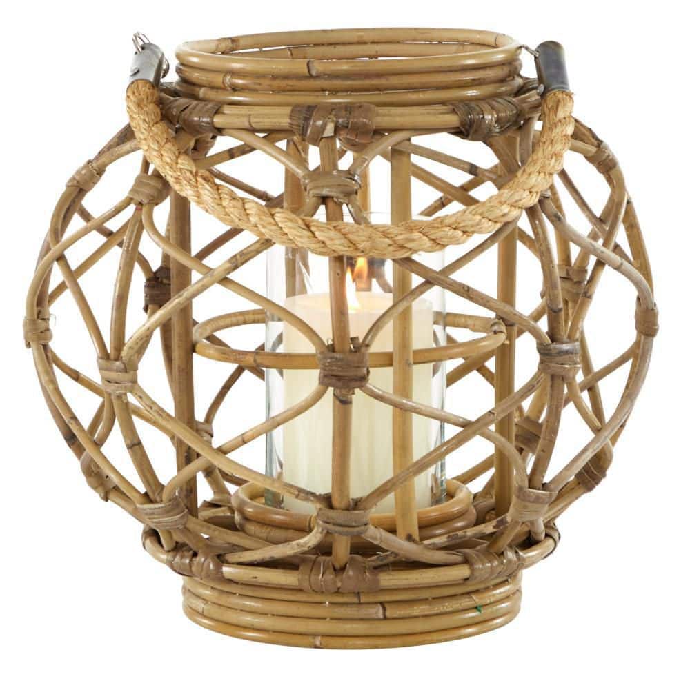 Ellipse-Shaped Rattan and Burlap Rope Hanging Lantern, 13''
