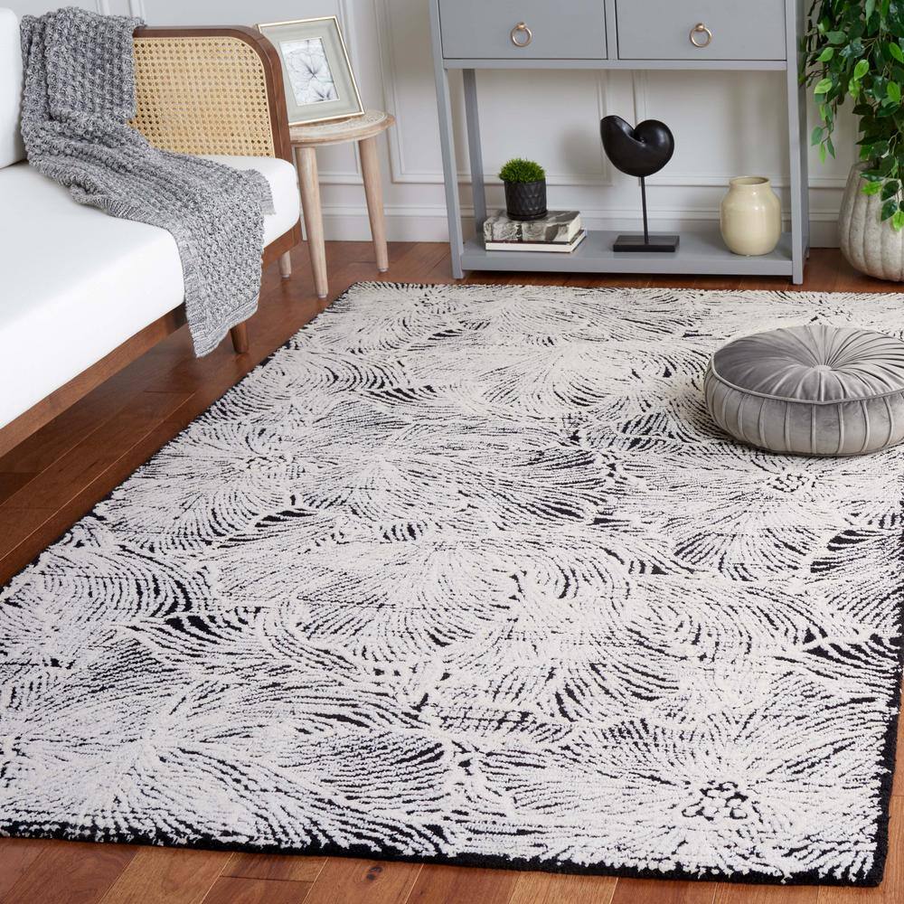 Black and Ivory Floral Wool Hand-Tufted Area Rug 3' x 5'