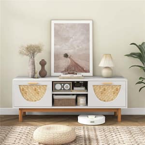 White TV Stand Fits TVs up to 55 in. with 2-Drawers and Bamboo Woven Fronts Solid Wood Legs