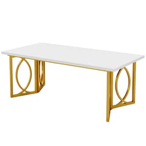 Roesler White & Gold Wood 70.9 in. 4 Leg Modern Dining Table Kitchen Table for Dining Room, Living Room, Seats 6-8