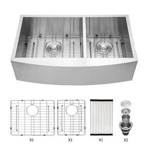 18 Gauge Stainless Steel 36 in. x 20 in. （60/40） Double Bowl Farmhouse Apron Front Kitchen Sink with Accessories
