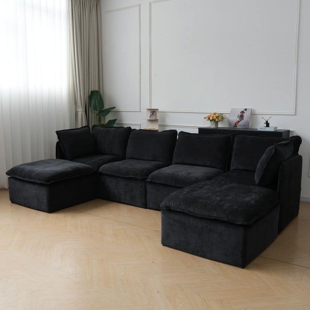 127.6 in. Straight Arm Polyester U Shape Foldable Sofa with Ottoman, Removable Covers in Black