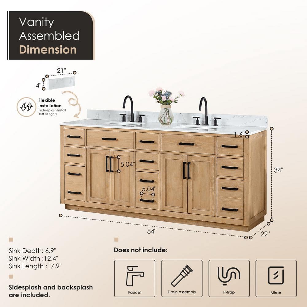 Gavino 84" Light Brown Wood Vanity with Composite Stone Top