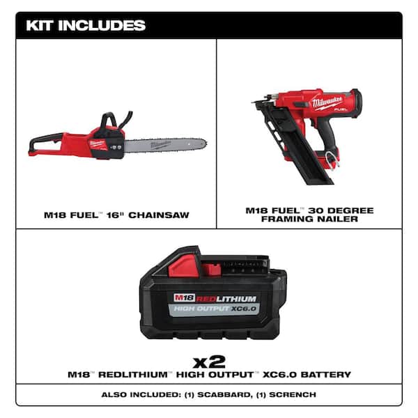 M18 FUEL 16 in. 18V Brushless Battery Electric Chainsaw w/3-1/2 in. 30-Degree Framing Nailer, Two 6Ah Batteries