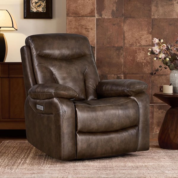 Calder Brown Faux Leather Dual Motor Power Wall Hugger Recliner with Power Headrest, USB & Type-C Charge