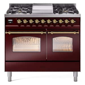 Nostalgie II 40 in. 6-Burner plus Griddle  Double Oven Liquid Propane Dual Fuel Range in Burgundy with Brass