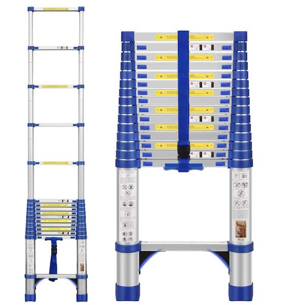 15.5 ft. Aluminum Portable Extension Ladder with Triangle Stabilizers for Home, Outdoor, 330 lbs. Blue