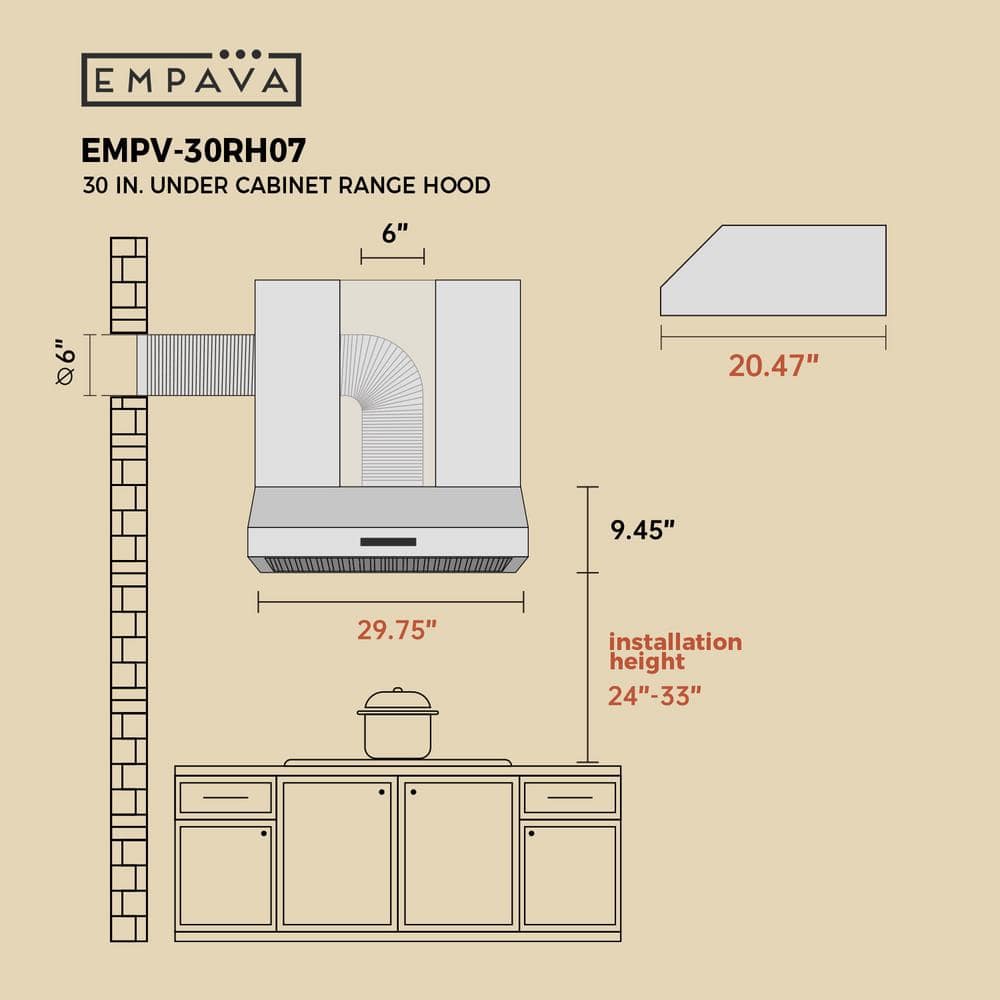30" Brushed Stainless Steel Under Cabinet Range Hood with Charcoal Filter
