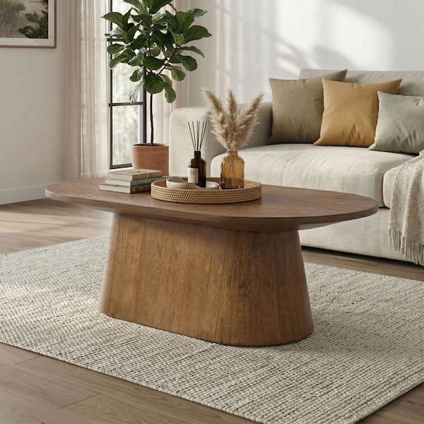 Leander 48 in. Walnut Oval Wood Coffee Table with Cone-Shaped Pedestal Base