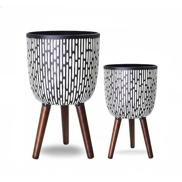 2-Set Mid-Century Large Planters with Stand (10/12 in. Boho Print)