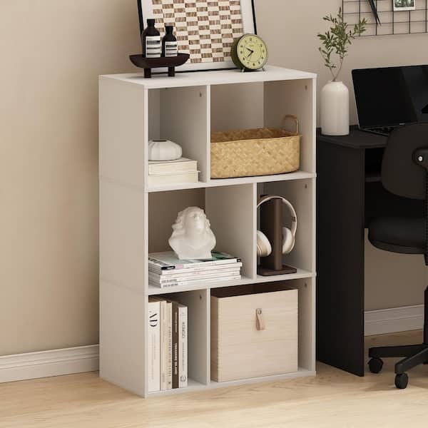 Daly 36.85 in. Tall White Wood 6-Shelf Irregular Cubes Bookcase