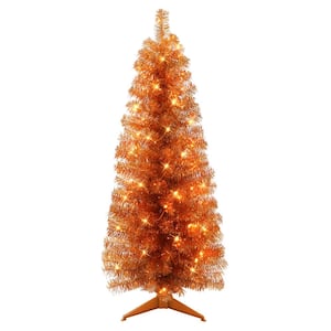 4.5 ft. Pre-Lit Orange Tinsel Artificial Christmas Tree, 160 Tips, 70 UL Clear Incandescent Lights