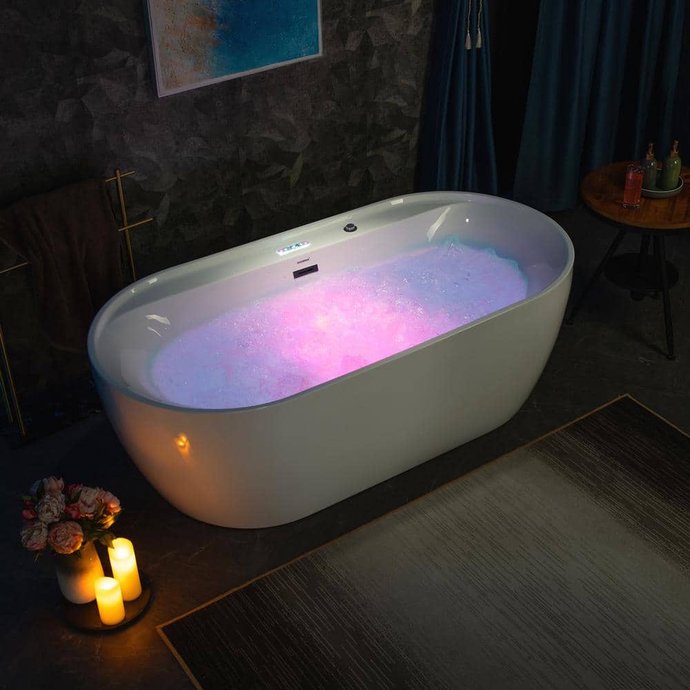 72" White Acrylic Freestanding Whirlpool Tub with Matte Black Trim