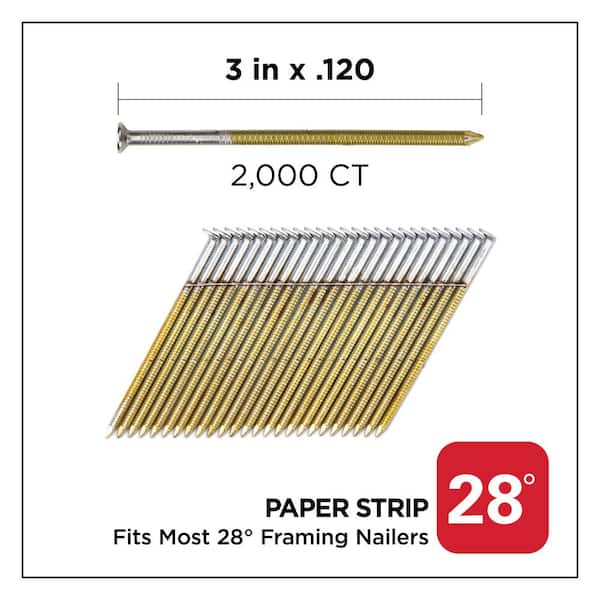 3 in. x 0.120 28-Degree Hot Dipped Galvanized Ring Shank Wire Strip Framing Nails (2000 -Per Box)