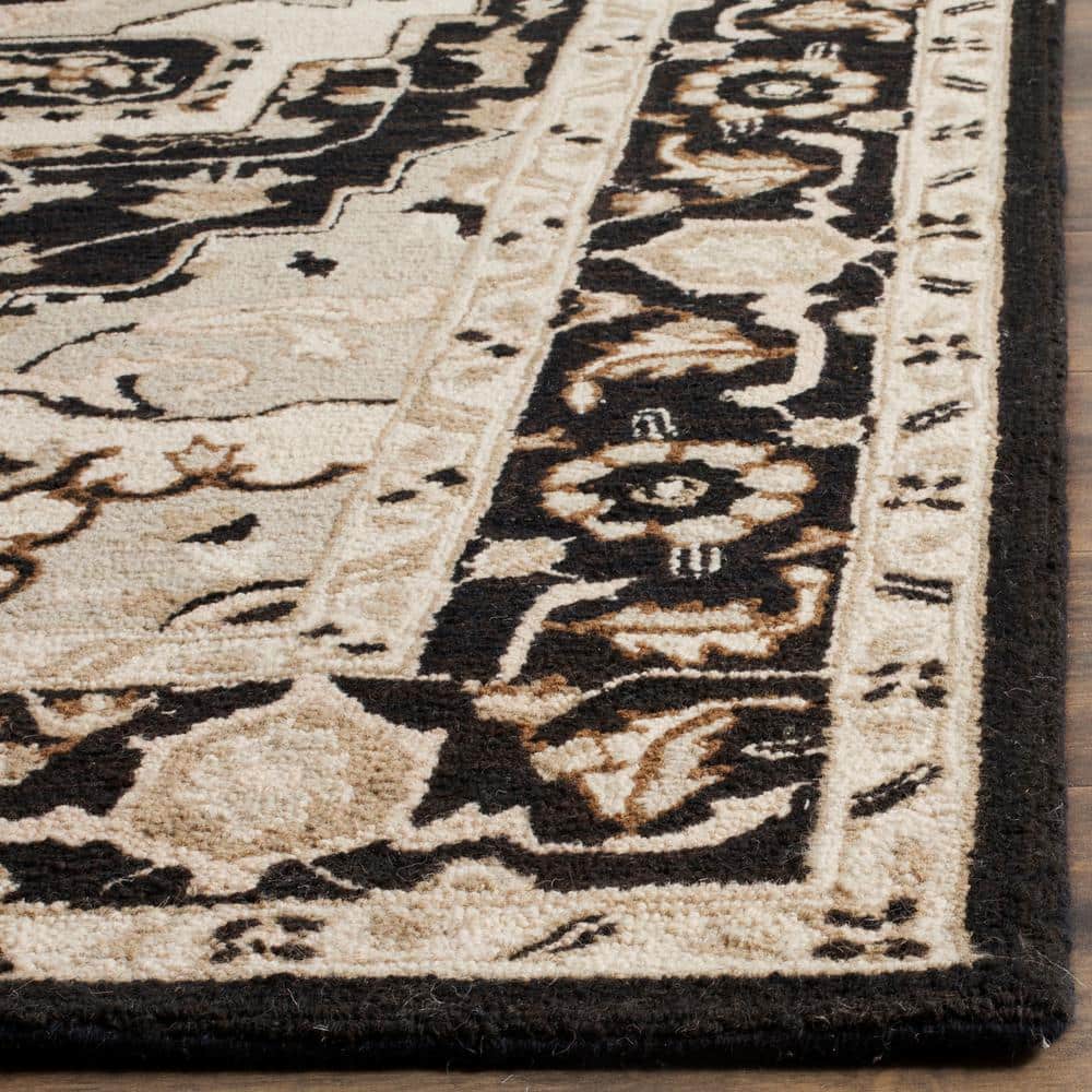 Black Floral Hand Hooked Wool Runner Rug