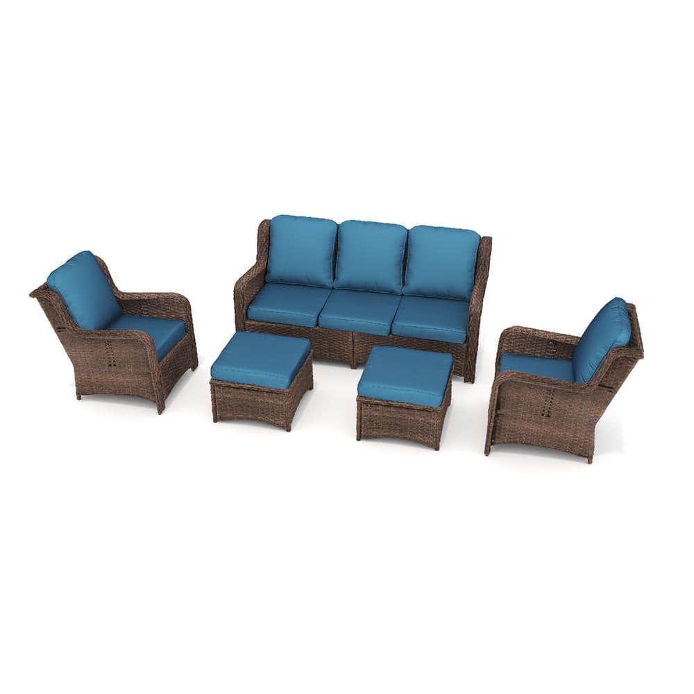 7-Piece Brown Wicker Outdoor Sectional Conversation Set with Peacock Blue C