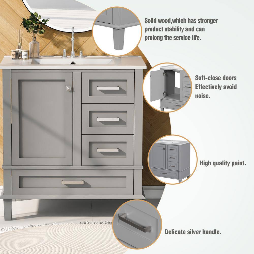 30 in. Grey MDF Freestanding Single Sink Bath Vanity with White Ceramic Top