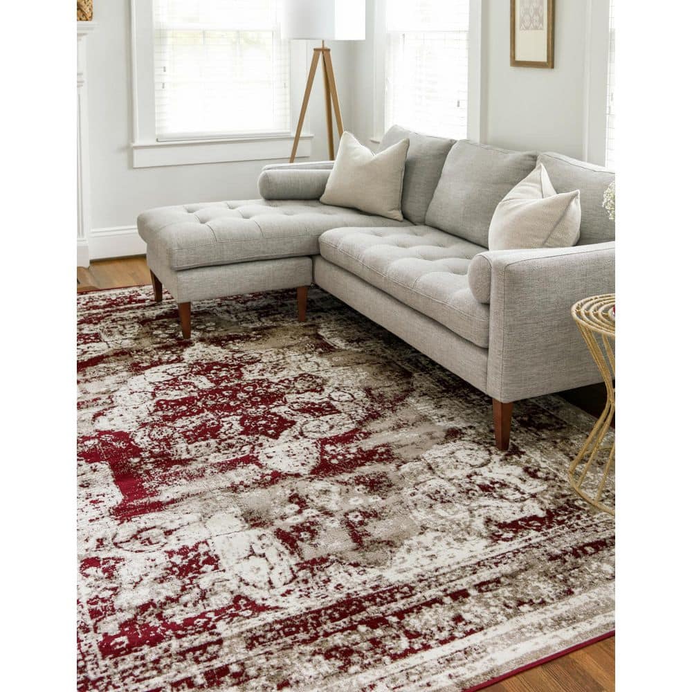 Burgundy and Tan Low Pile Synthetic Area Rug