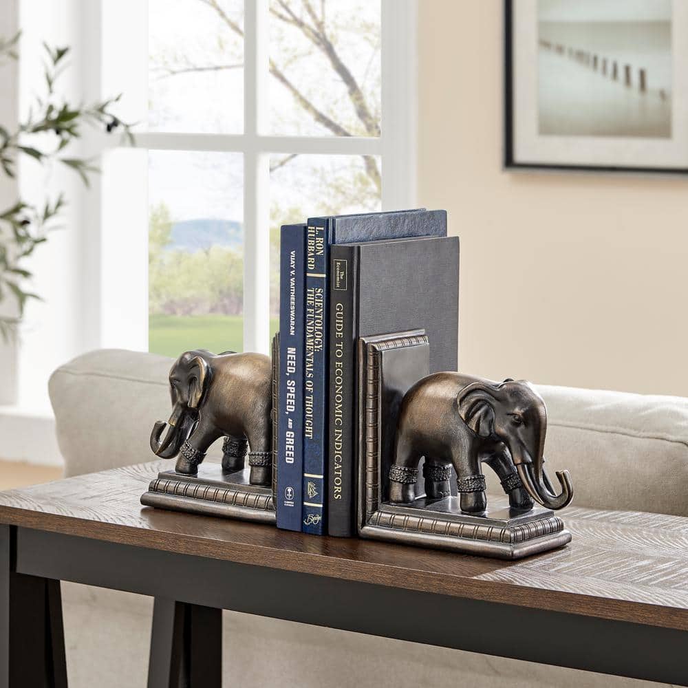 Bronze Patina Elephant Bookends Set with Ornate Design