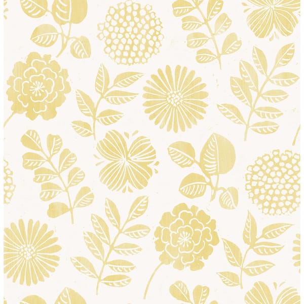 A-Street Prints Inge Yellow Floral Block Print Paper Glossy Non-Pasted Wallpaper Roll