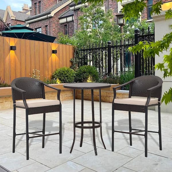 Unbranded Black 3-Piece Metal Outdoor Bistro Patio Bar Wicker Outdoor Dining Set with Beige Cushion, Bar Table