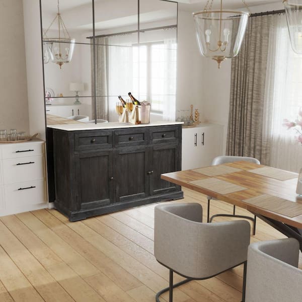 Benjara 58 in. W Sandblasted Black and White Mango Wood Sideboard Buffet Console Cabinet with Marble Top and 3 Drawers