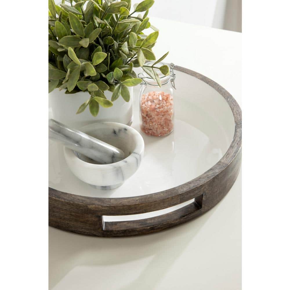 Graywash and White Round Mango Wood Tray with Handles