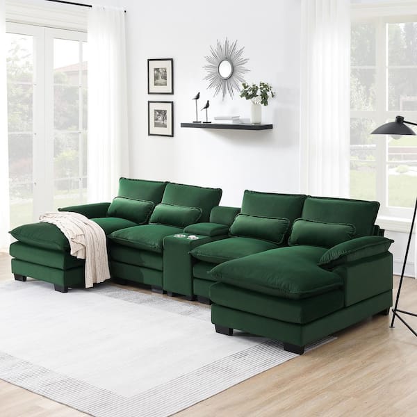 Harper & Bright Designs 123 in. W Pillow Top Arm Velvet U-Shaped Sectional Sofa in Green with 4 Lumbar Pillows, Console, Cup Holders, USB Ports