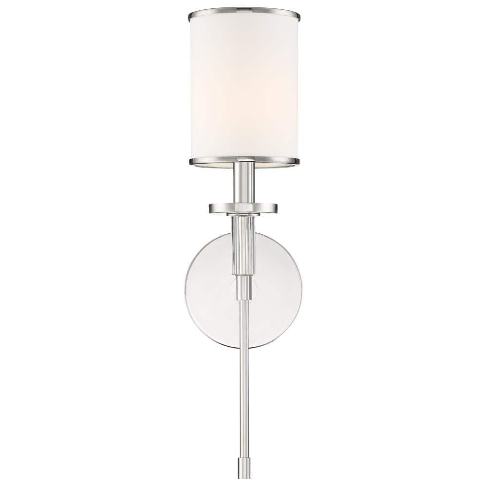 Elegant Polished Nickel 1-Light Wall Sconce with White Silk Shade