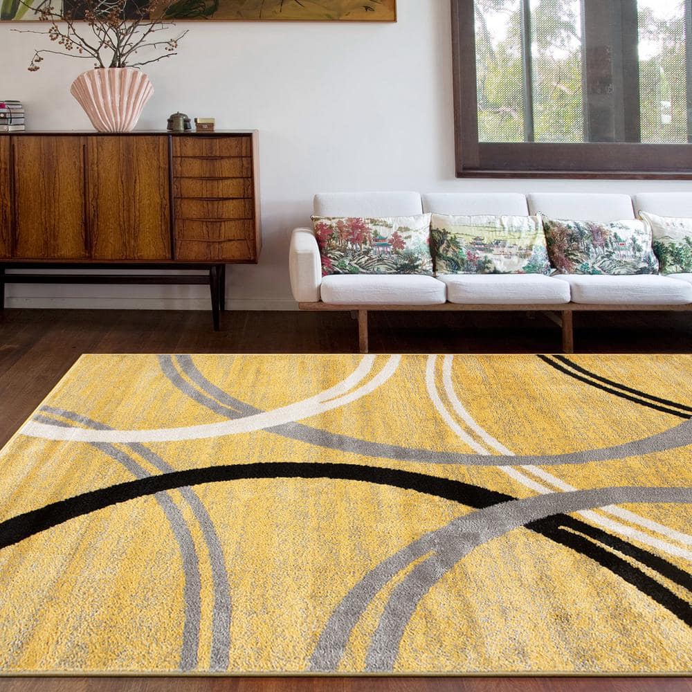 Yellow and Gray Abstract Circles 8' x 10' Synthetic Area Rug