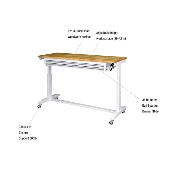 Tool Storage 62 in. W White Adjustable Height Work Table with 2-Drawers