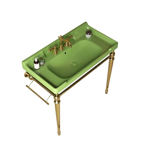 Modern 36 in. Ceramic Console Sink with Stainless Steel in Golden Legs Green Basin