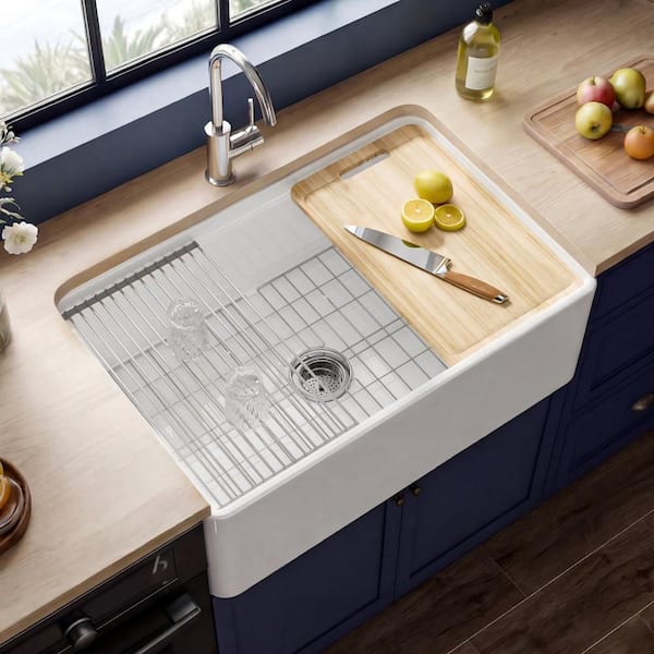 Kuomih Farmhouse Sink 36 in. Single Bowl Gloss White Fireclay